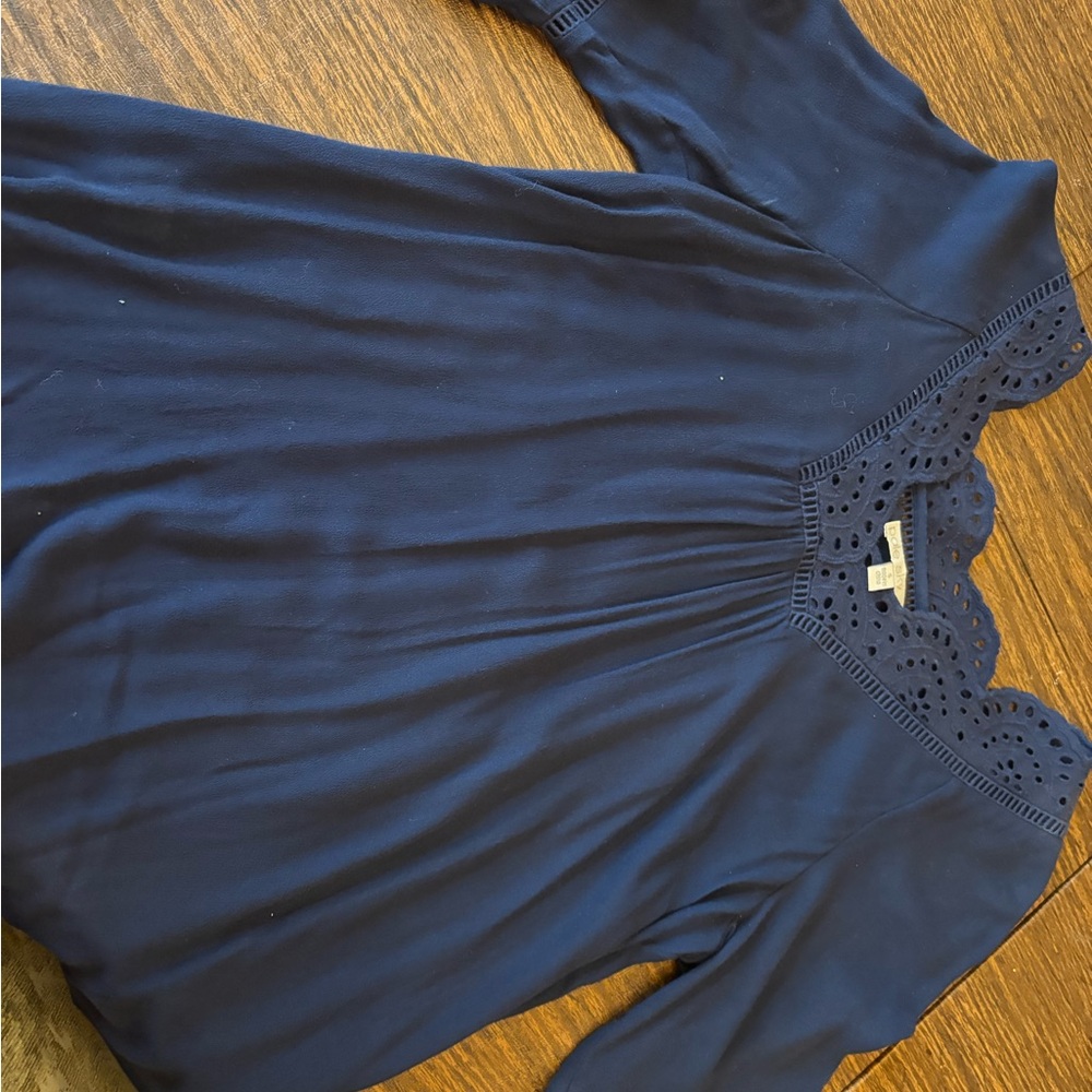 Chic Navy Women's Blouse with Lace Trim